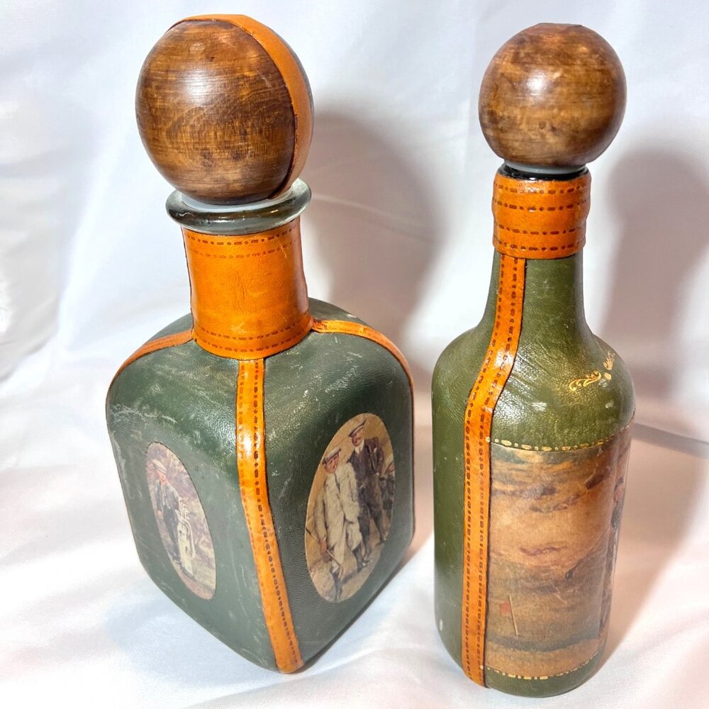Fausto Corduri Vintage Italian Leather Wrapped Golfing Decanters 1960"s